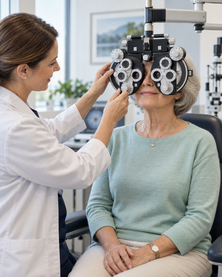 Older woman having a routine eye examination with an eye care professional in a bright clinic.