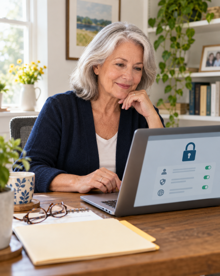 Older woman using a laptop to protect her credit with a security freeze