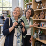 Older woman exploring binoculars and hobby equipment in a public library Library of Things