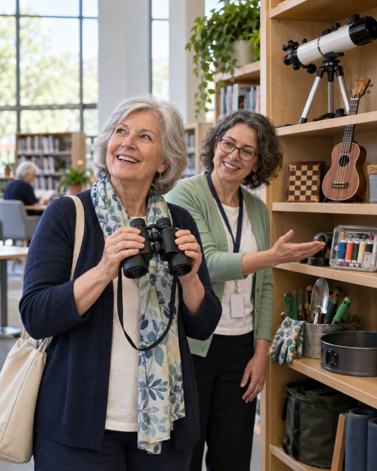 Older woman exploring binoculars and hobby equipment in a public library Library of Things