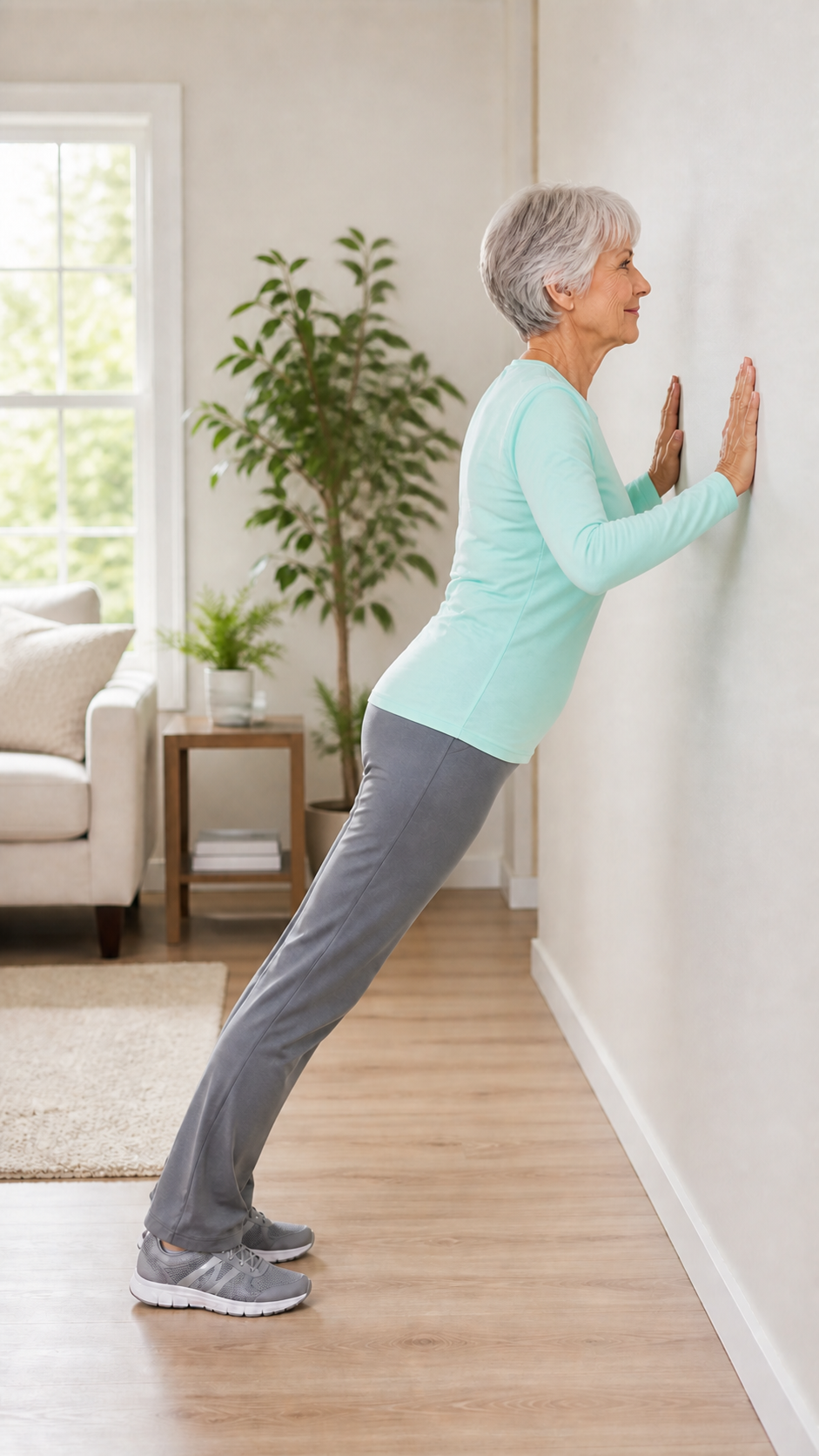 Older woman lowering toward a wall with elbows bent